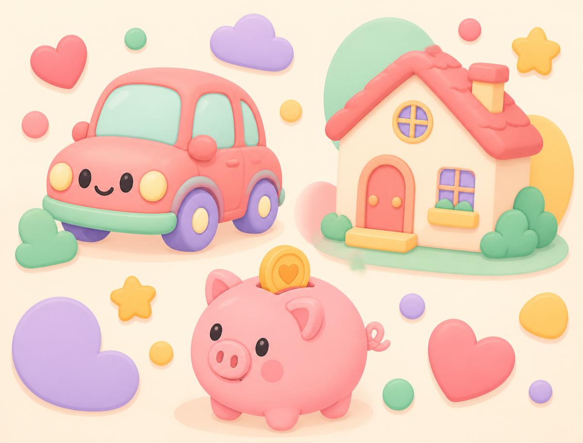 Playful illustration of a car, a house and a piggy bank
